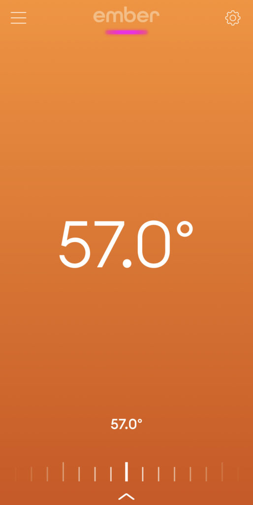 Screenshot of the ember iOS app showing the temperature set to 57 degrees